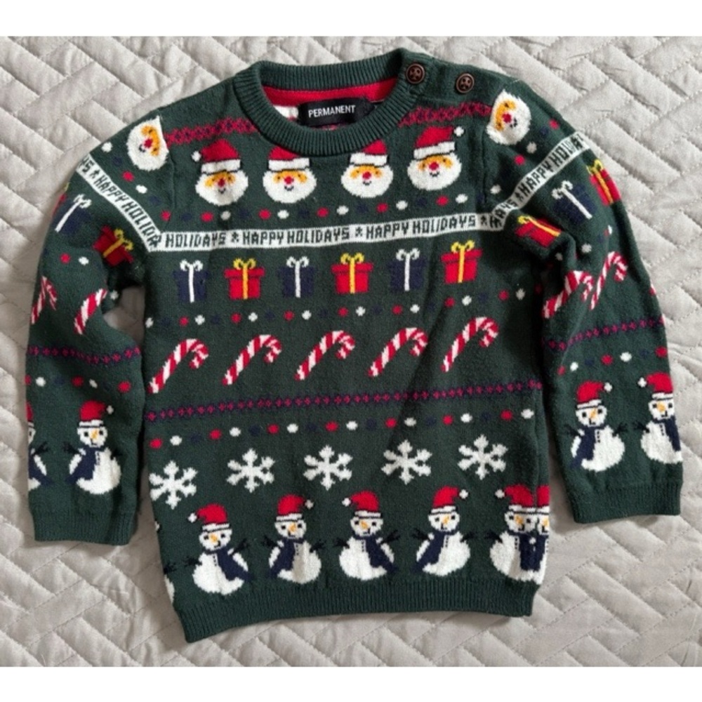 Festive Green Holiday Sweater with Snowmen and Santa
